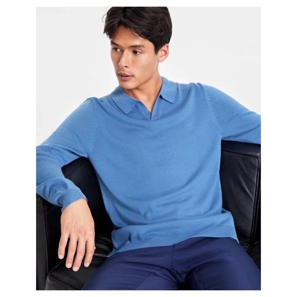 Alfani Men's Long-Sleeve Johnny Collar Merino Sweater, Blue Shale, Size- XL